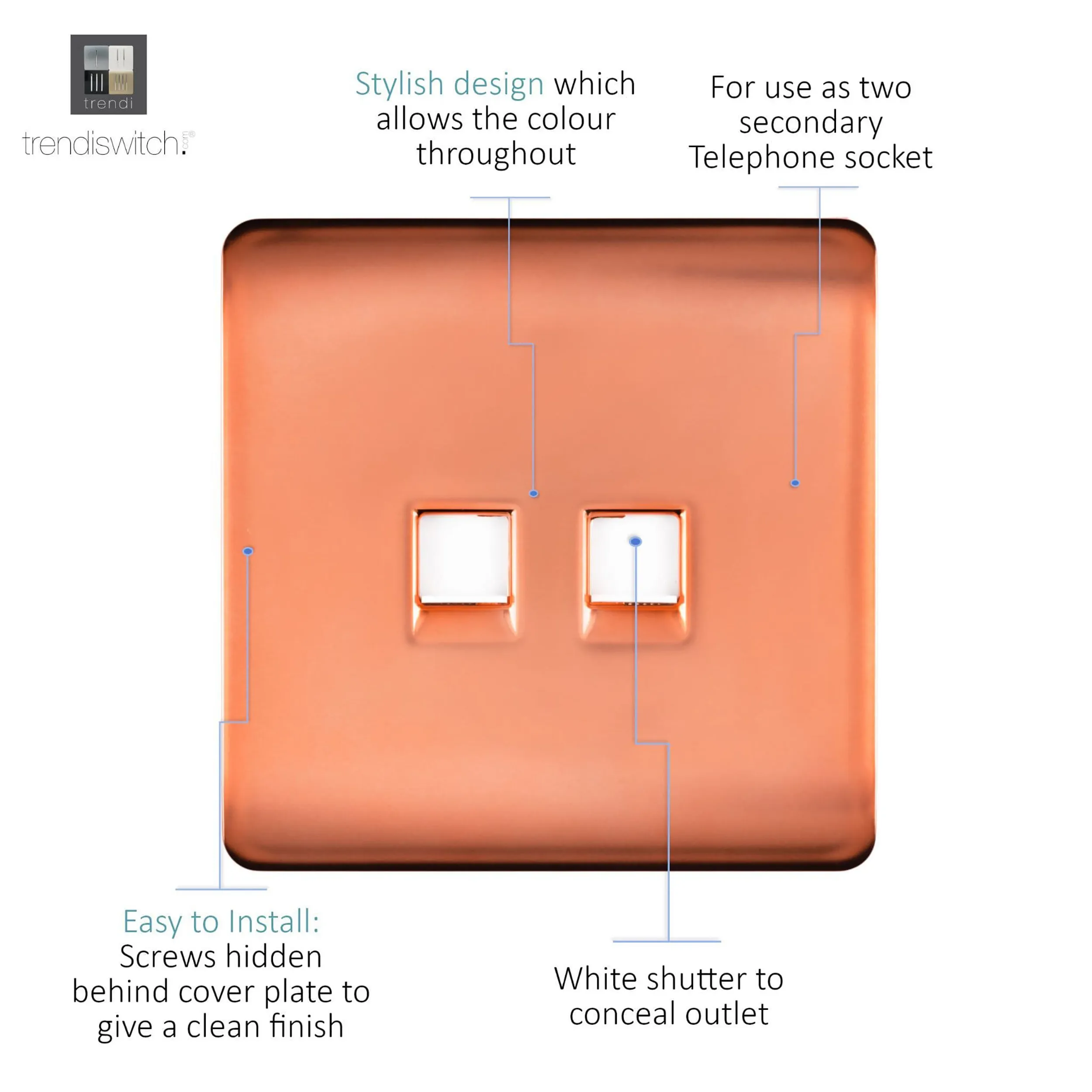 Twin PC Ethernet Cat 5/6 Data Outlet Copper ART-2PCCPR  Trendi Copper
